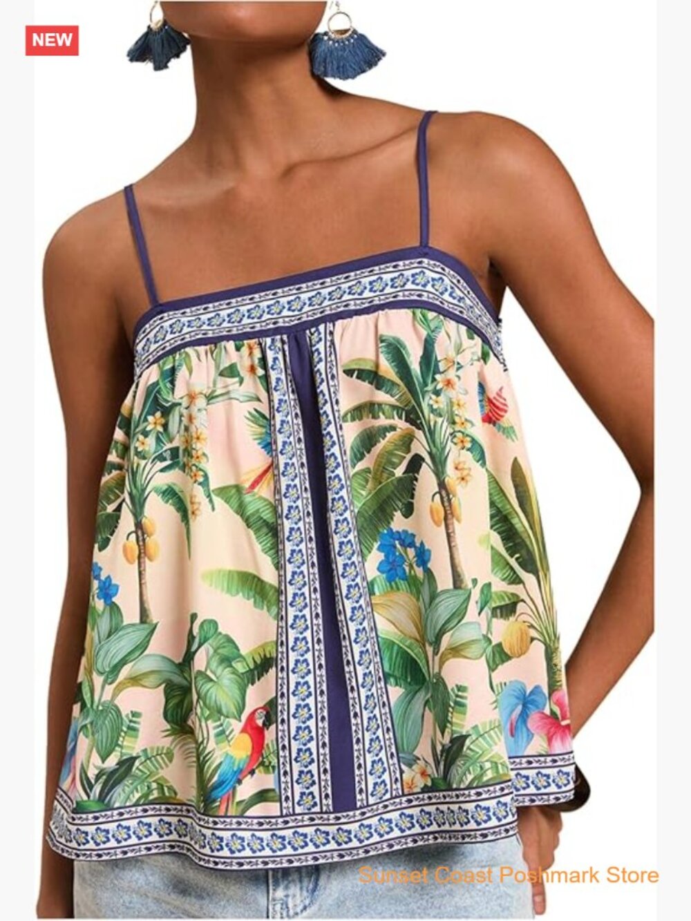 Tropical Floral Print Cami Top Spaghetti Strap Boho Vacation